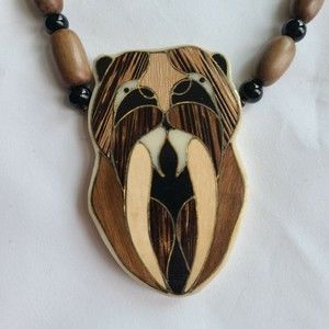 Vintage Karia Jordan Walrus Necklace Wood Inlay Black Brown Bead Statement Rare